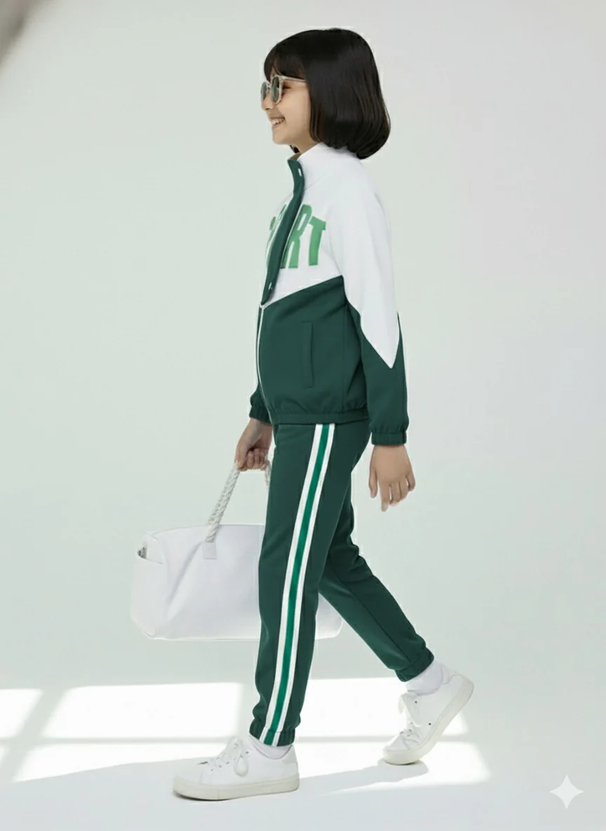 Girls Colorblock Green & White Sport Tracksuit Set - Image 3