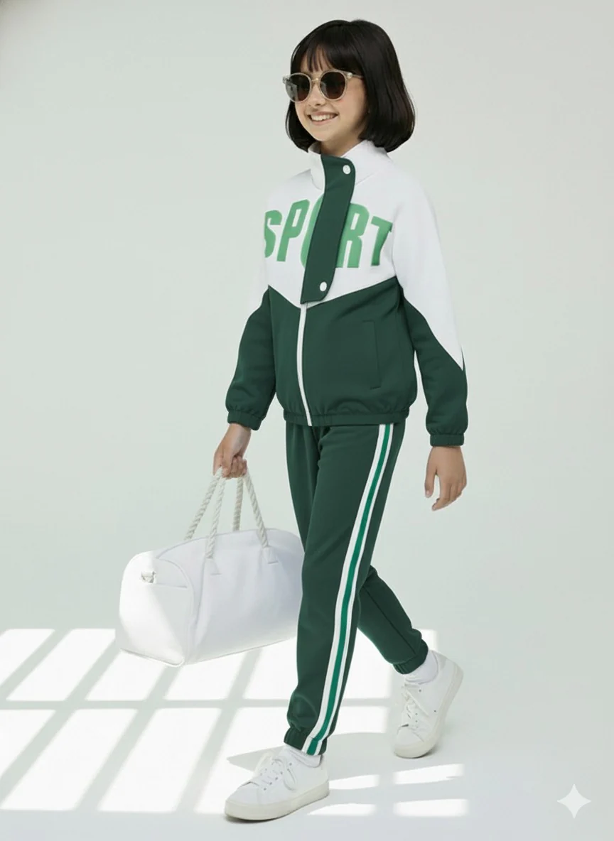 Girls Colorblock Green & White Sport Tracksuit Set - Image 4