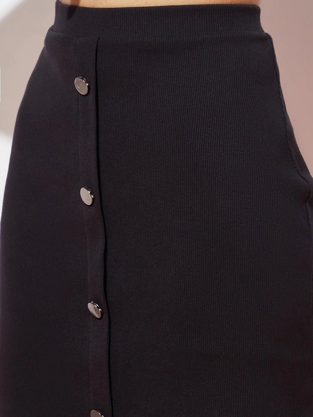 Stretch Ribbed Black Button Skirt - Image 6