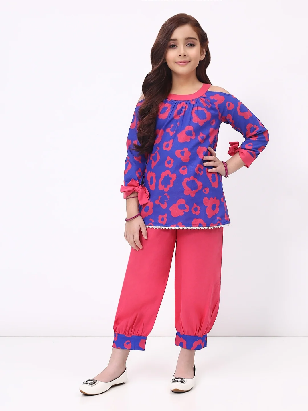 Girls Cotton Linen Blue Printed  Ethnic Co-Ord Set