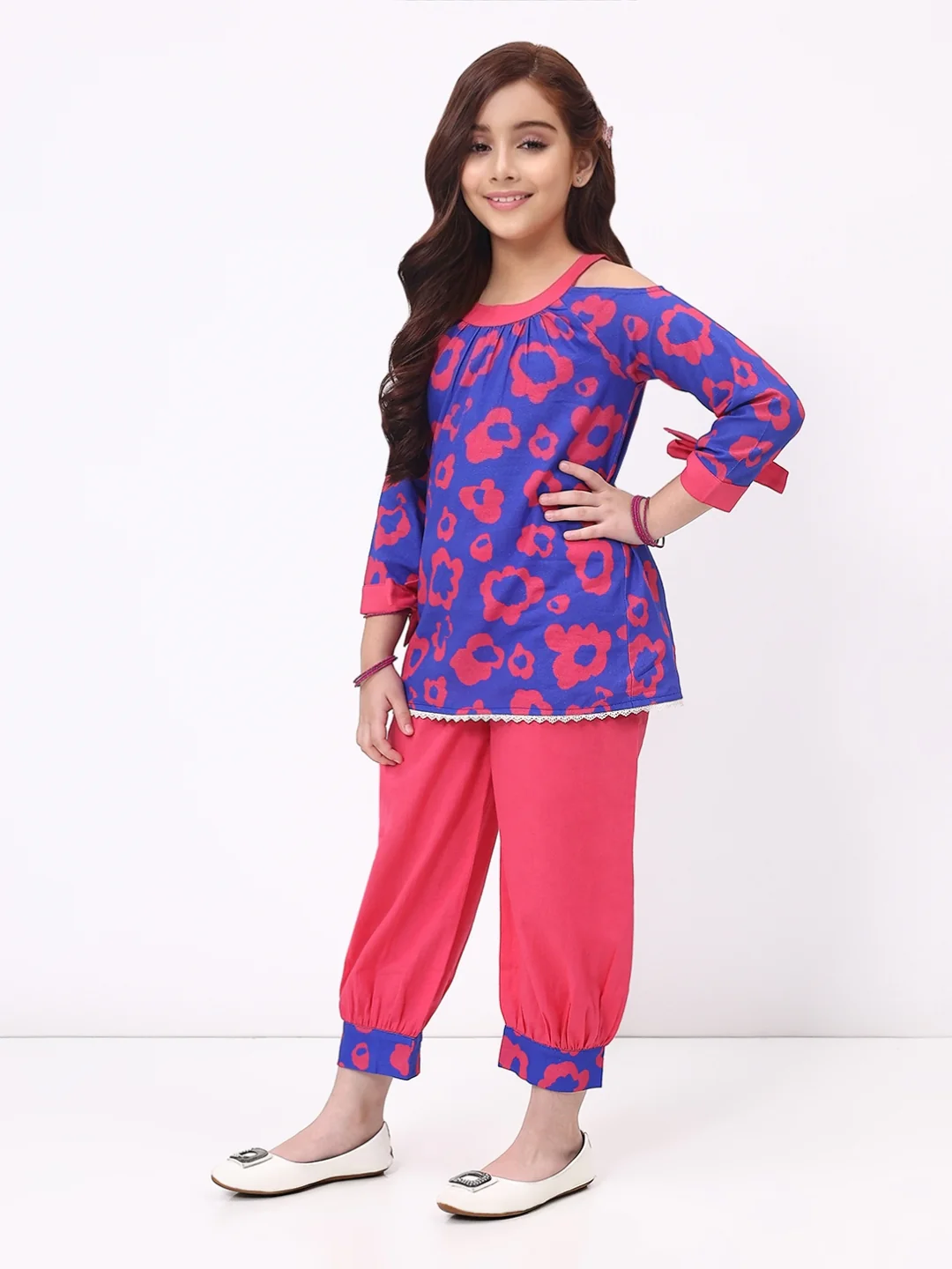 Girls Cotton Linen Blue Printed  Ethnic Co-Ord Set - Image 2