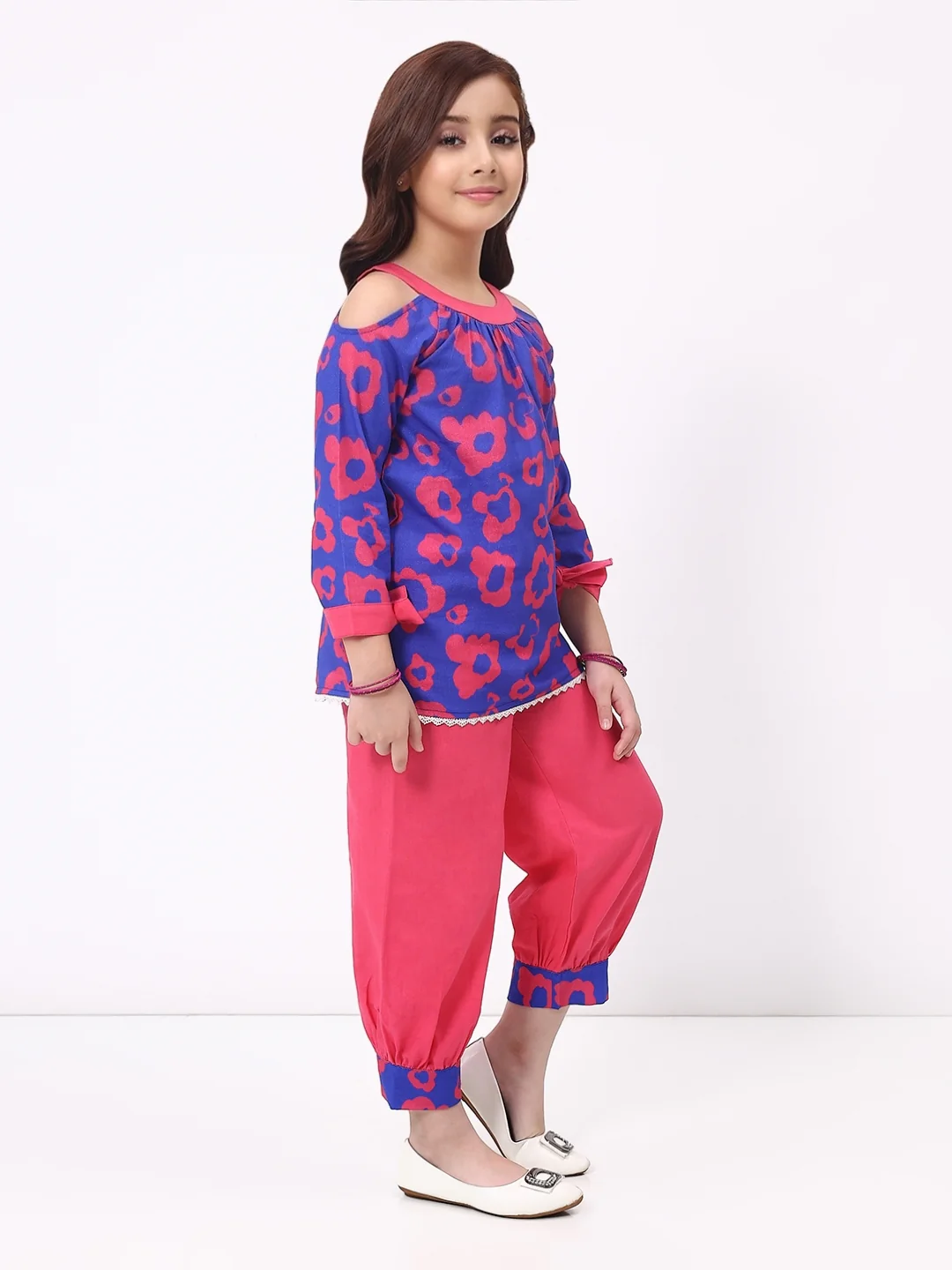 Girls Cotton Linen Blue Printed  Ethnic Co-Ord Set - Image 3