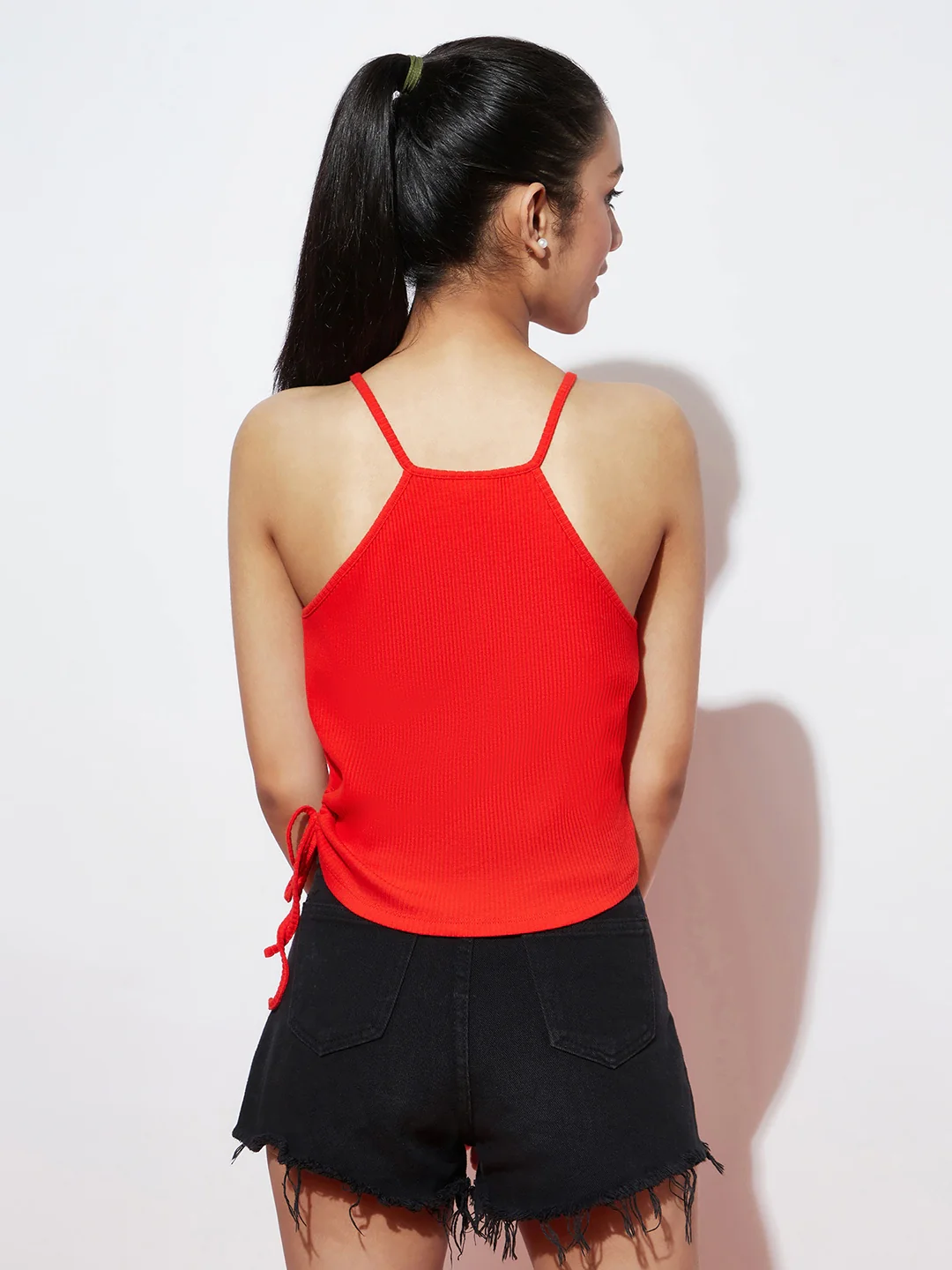 Girls Ribbed Cotton Red Top - Image 4