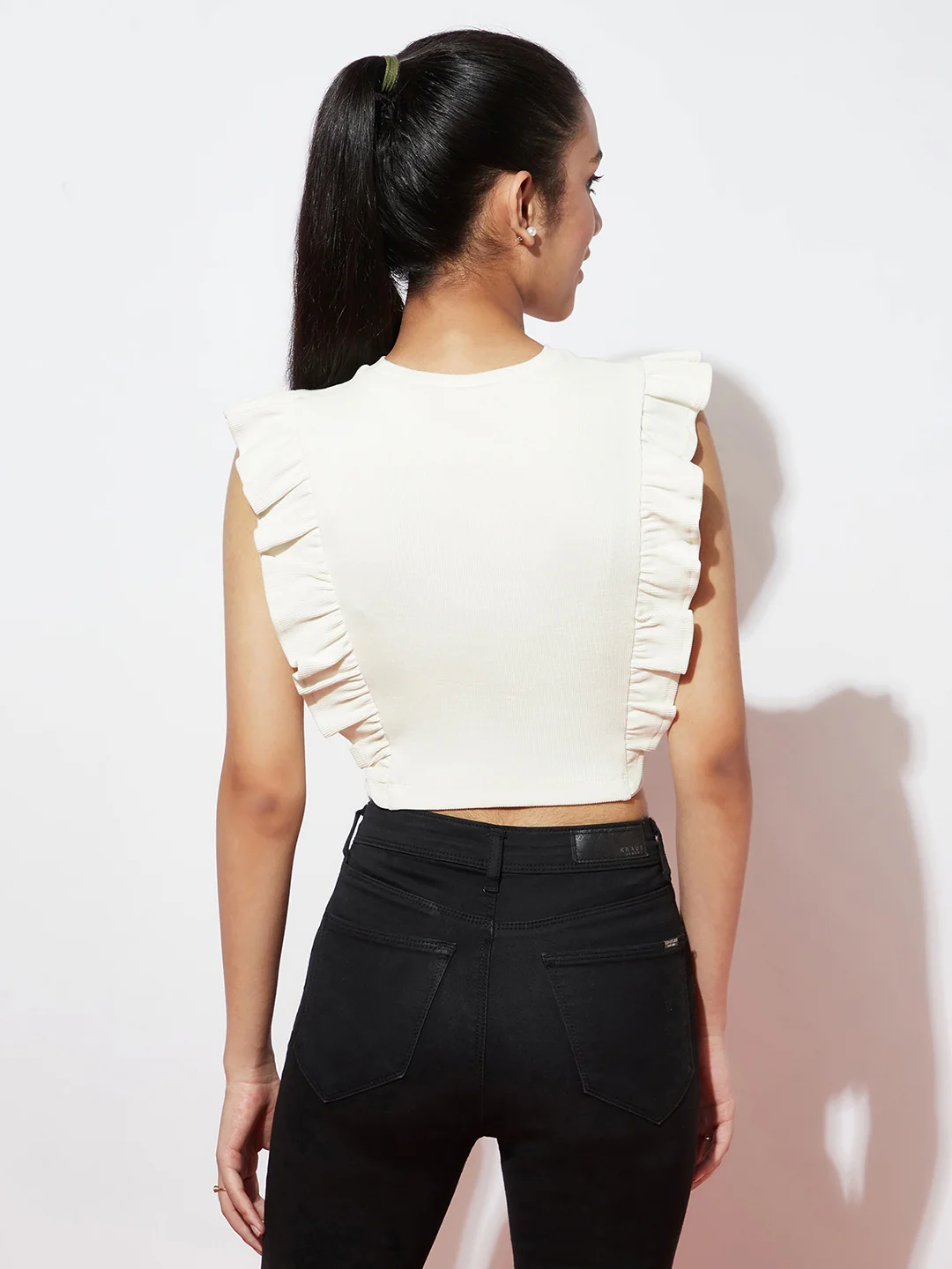 White Ruffle Stretch Ribbed Top - Image 4