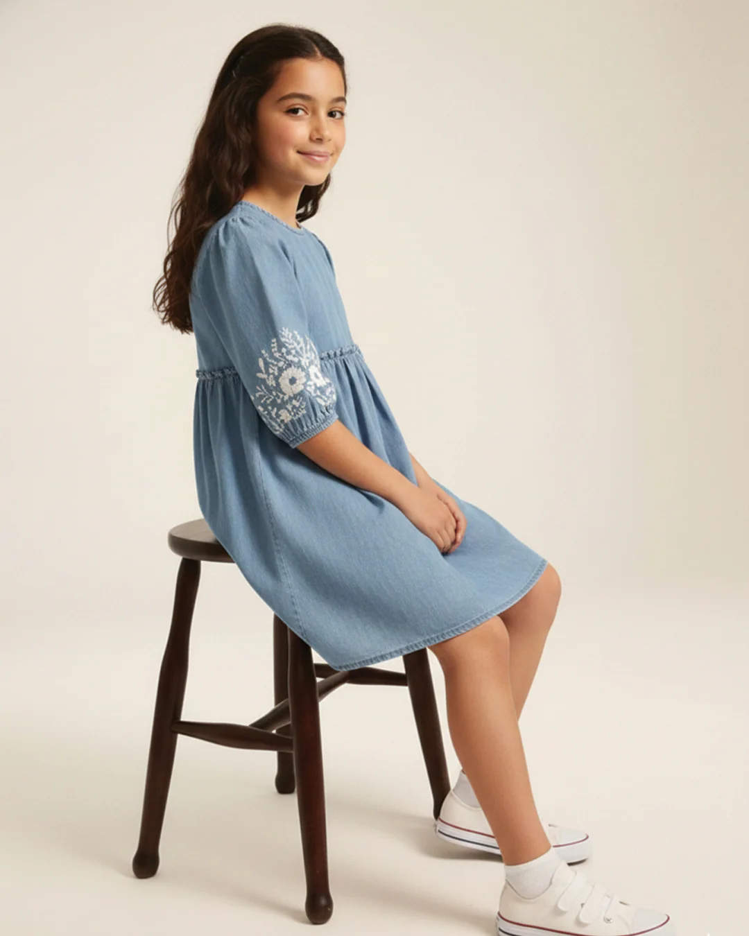 Girls Denim Embroidered Dress - Image 2