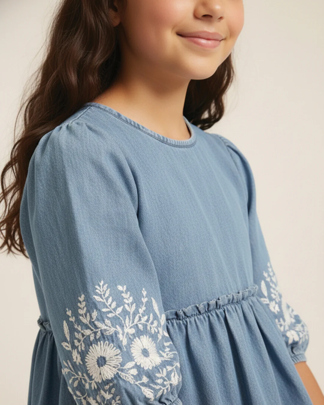 Girls Denim Embroidered Dress - Image 3