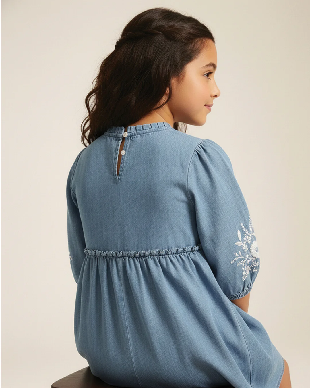 Girls Denim Embroidered Dress - Image 4