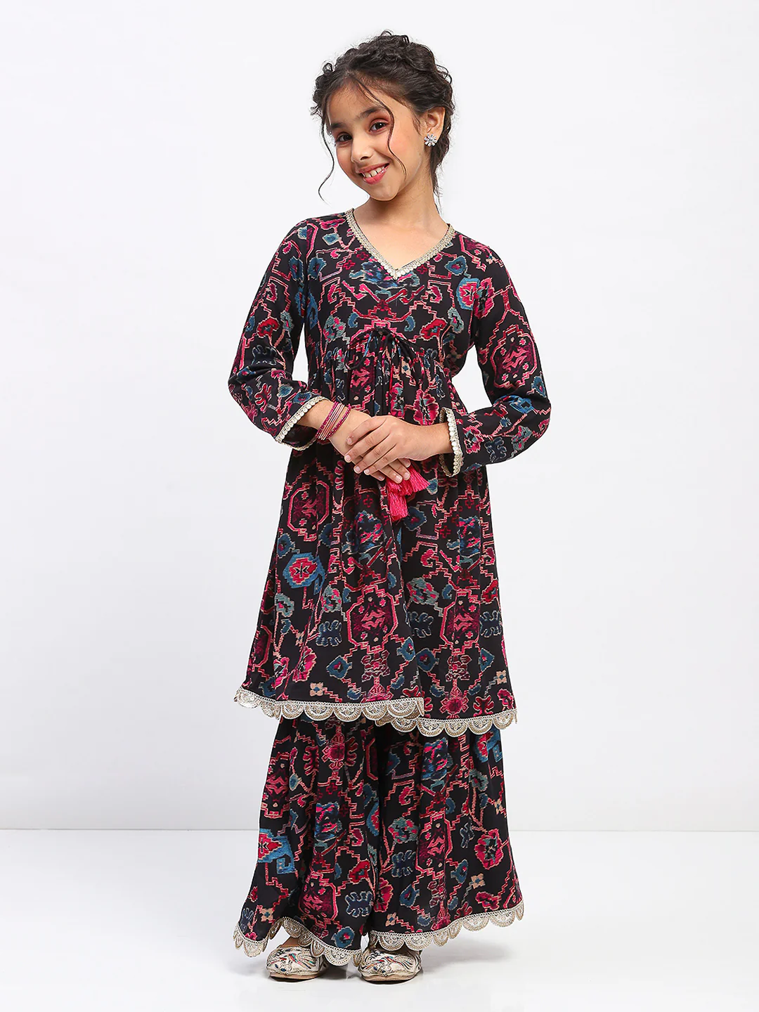 Girls Floral Print Ethnic Tiered Kurta and Sharara Set