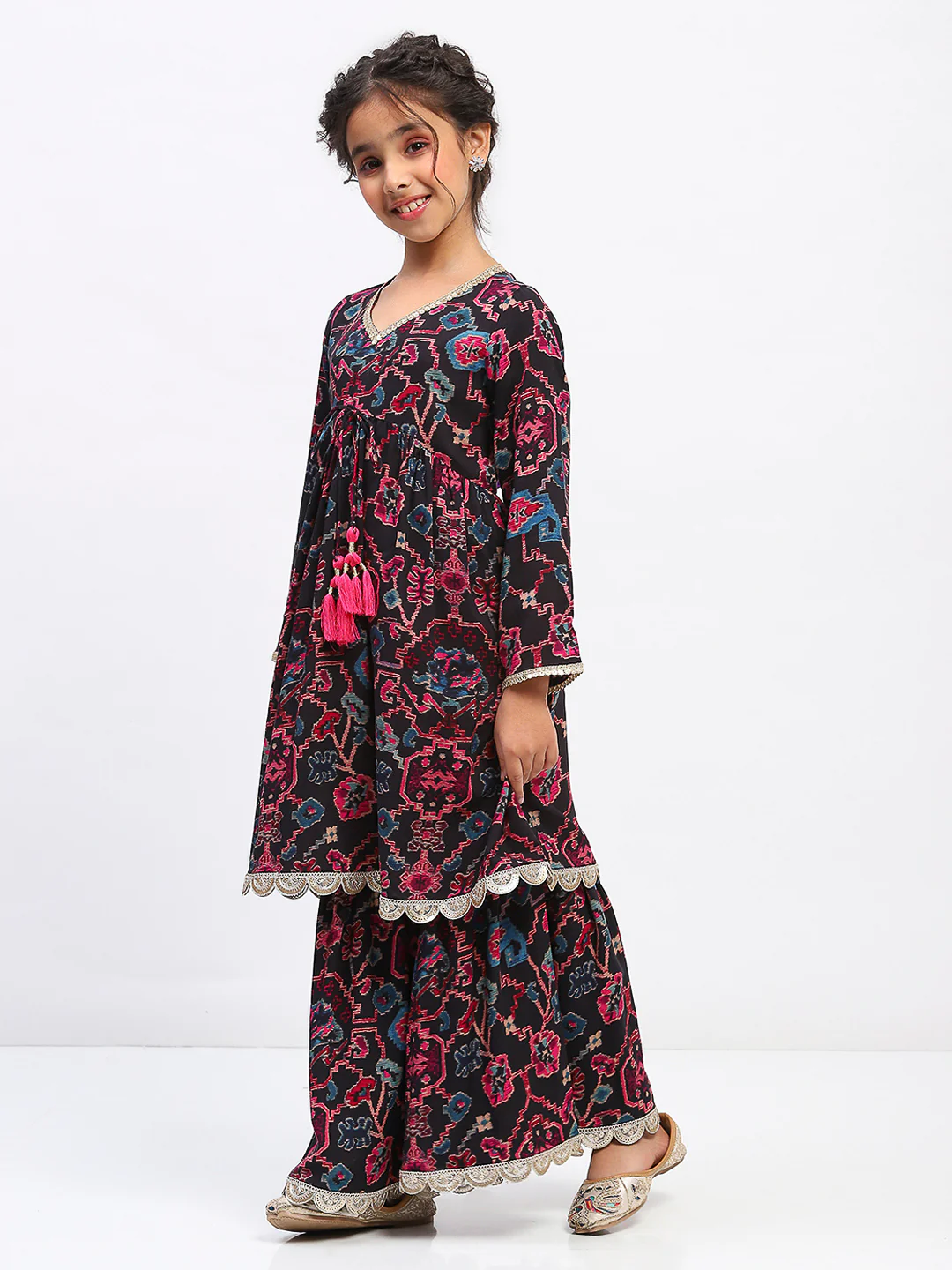 Girls Floral Print Ethnic Tiered Kurta and Sharara Set - Image 2