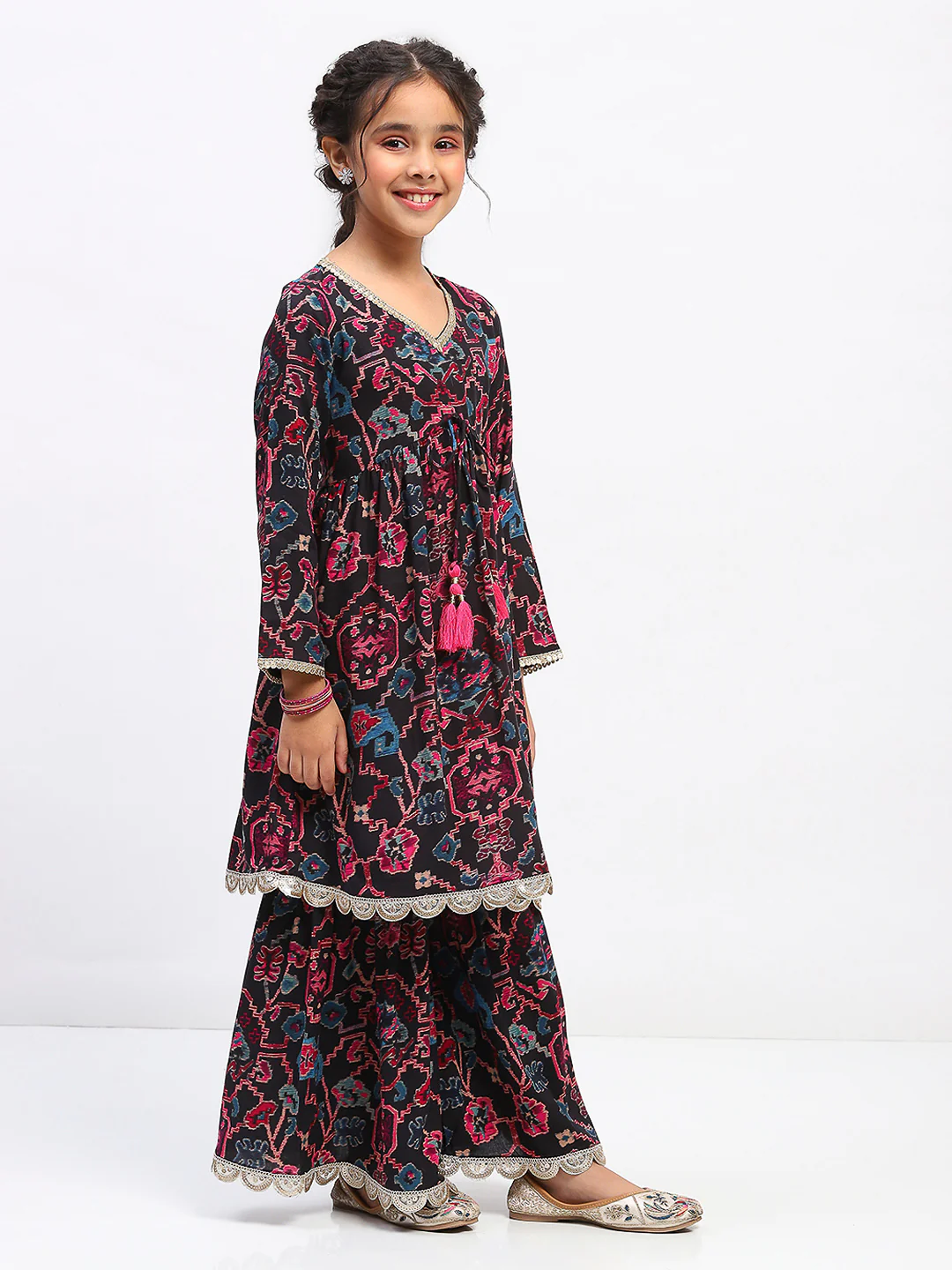 Girls Floral Print Ethnic Tiered Kurta and Sharara Set - Image 3
