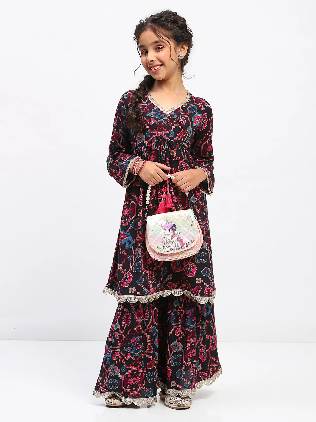Girls Floral Print Ethnic Tiered Kurta and Sharara Set - Image 5