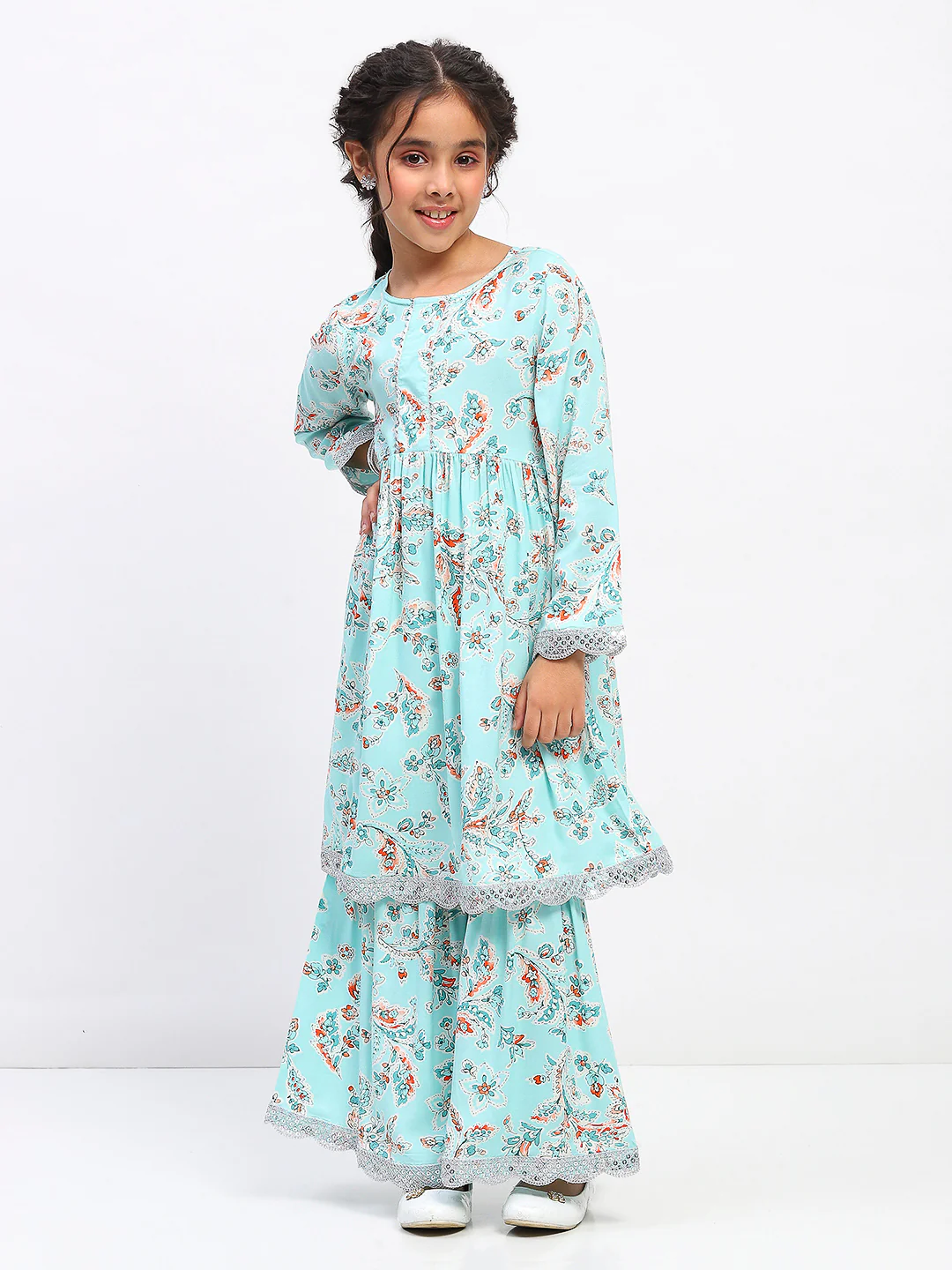 Girls Floral Print Ethnic Tiered Kurta and Sharara Set