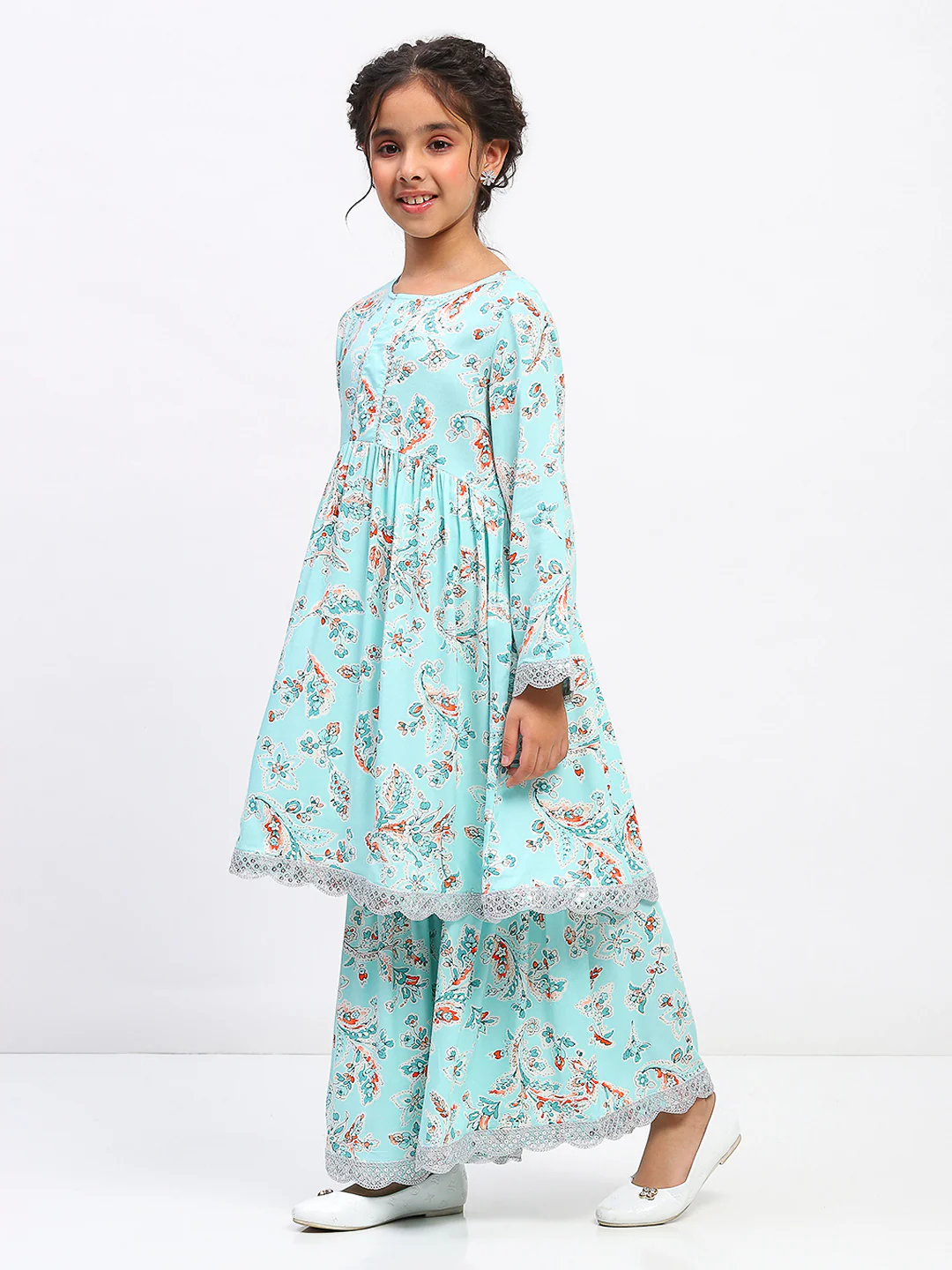 Girls Floral Print Ethnic Tiered Kurta and Sharara Set - Image 2