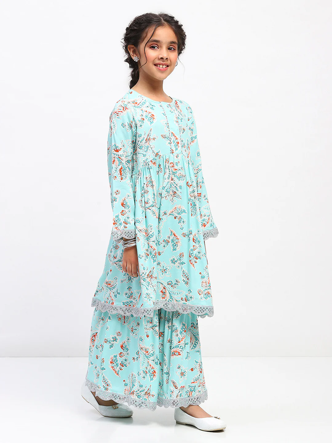 Girls Floral Print Ethnic Tiered Kurta and Sharara Set - Image 3
