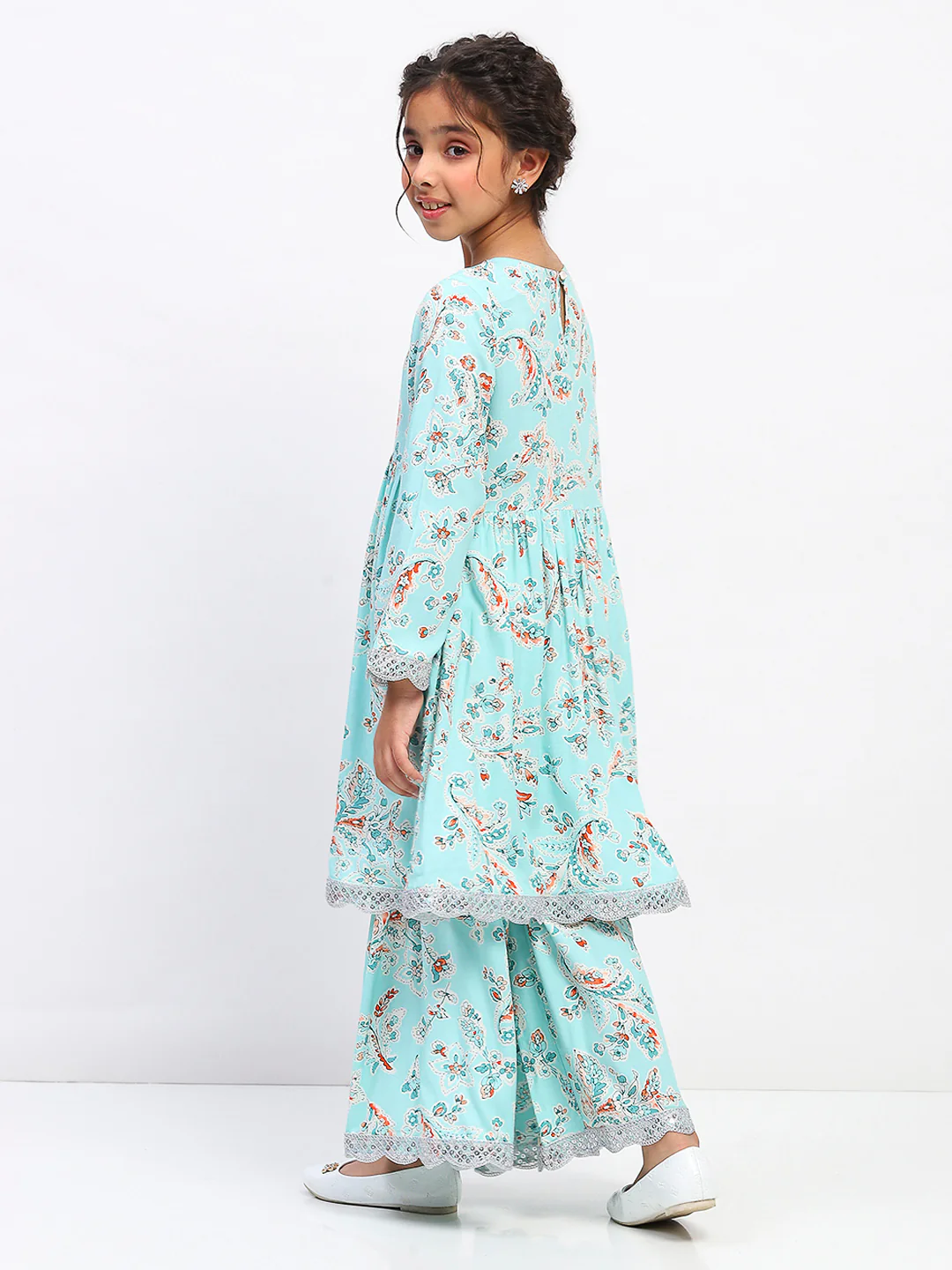 Girls Floral Print Ethnic Tiered Kurta and Sharara Set - Image 4