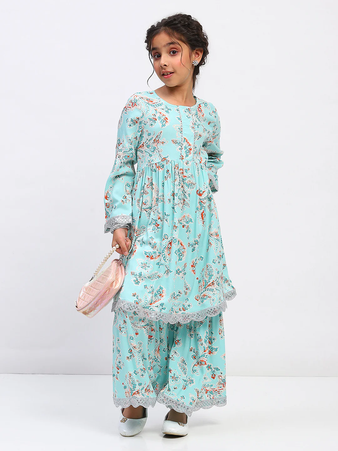 Girls Floral Print Ethnic Tiered Kurta and Sharara Set - Image 5