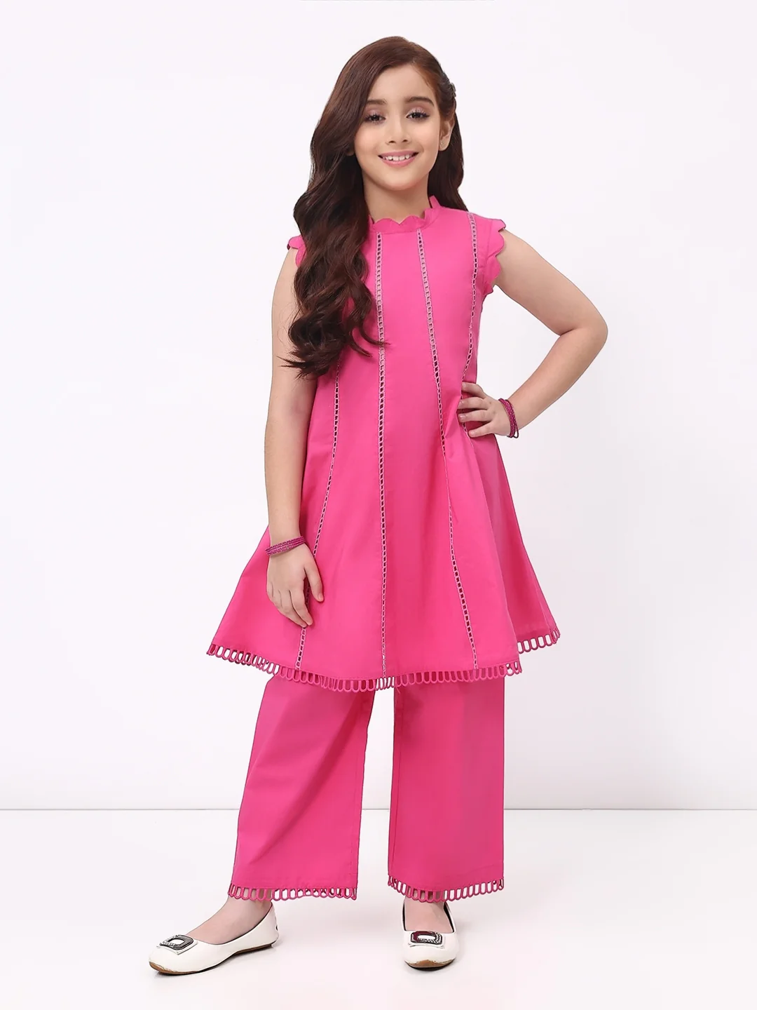 Girls Fuchsia Pink Ethnic Sleeveless Kurta with Palazzo Co-Ord Set