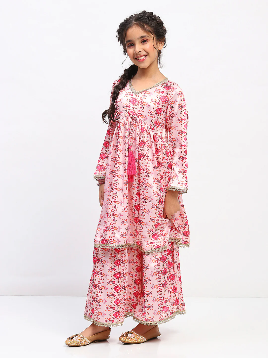 Girls Full Sleeve Printed Anarkali Kurta and Palazzo Set - Image 2