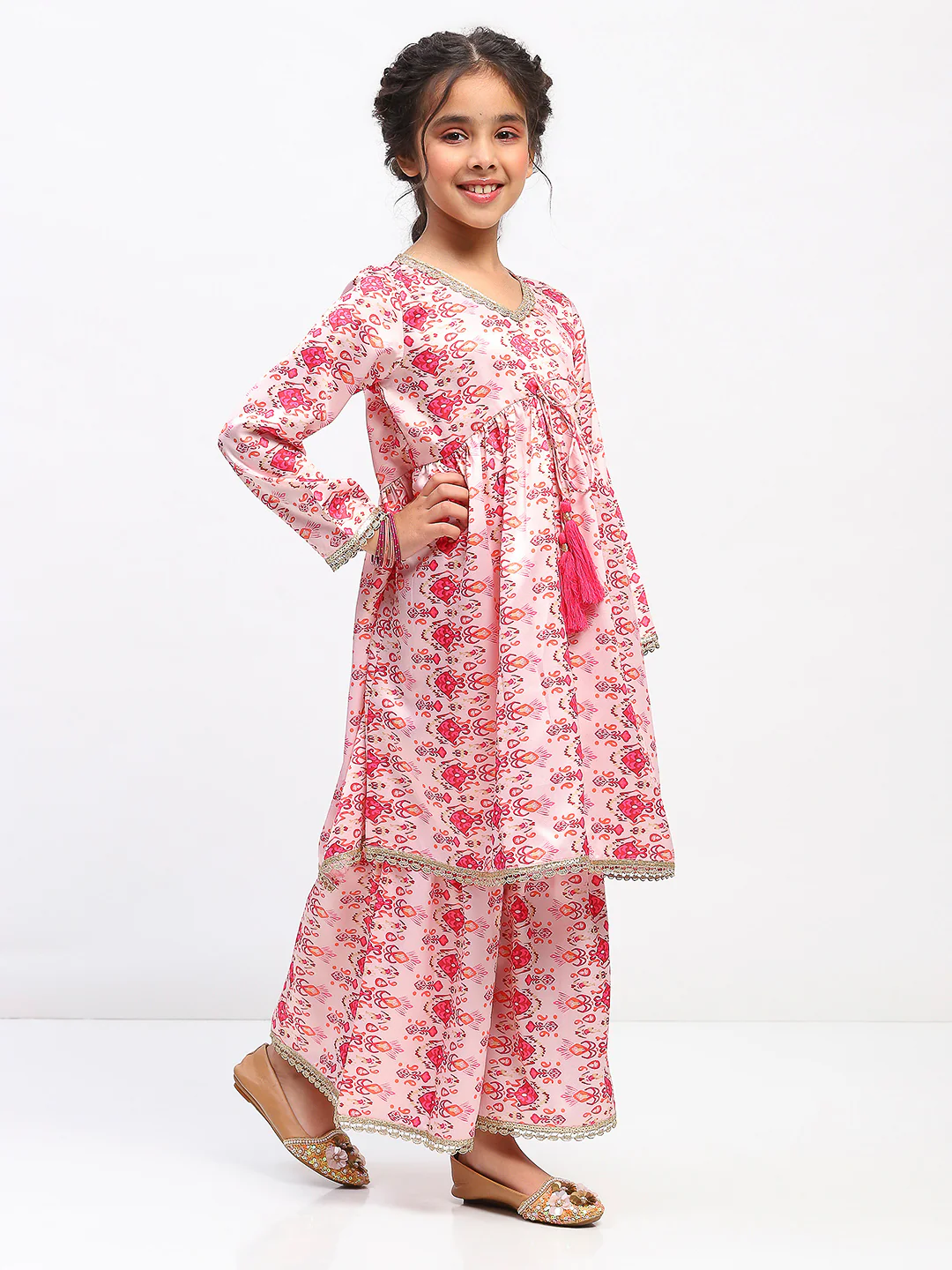 Girls Full Sleeve Printed Anarkali Kurta and Palazzo Set - Image 3