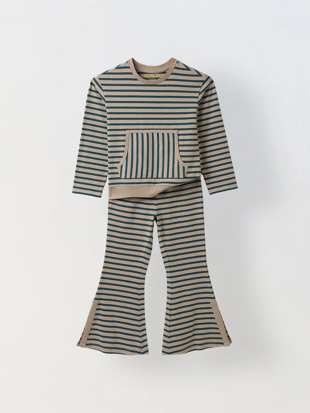 Girls Green & Beige Striped T-shirt with Pyjamas Set