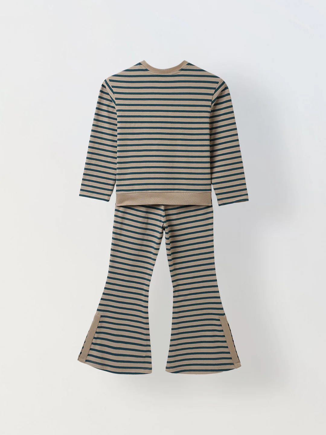 Girls Green & Beige Striped T-shirt with Pyjamas Set - Image 2