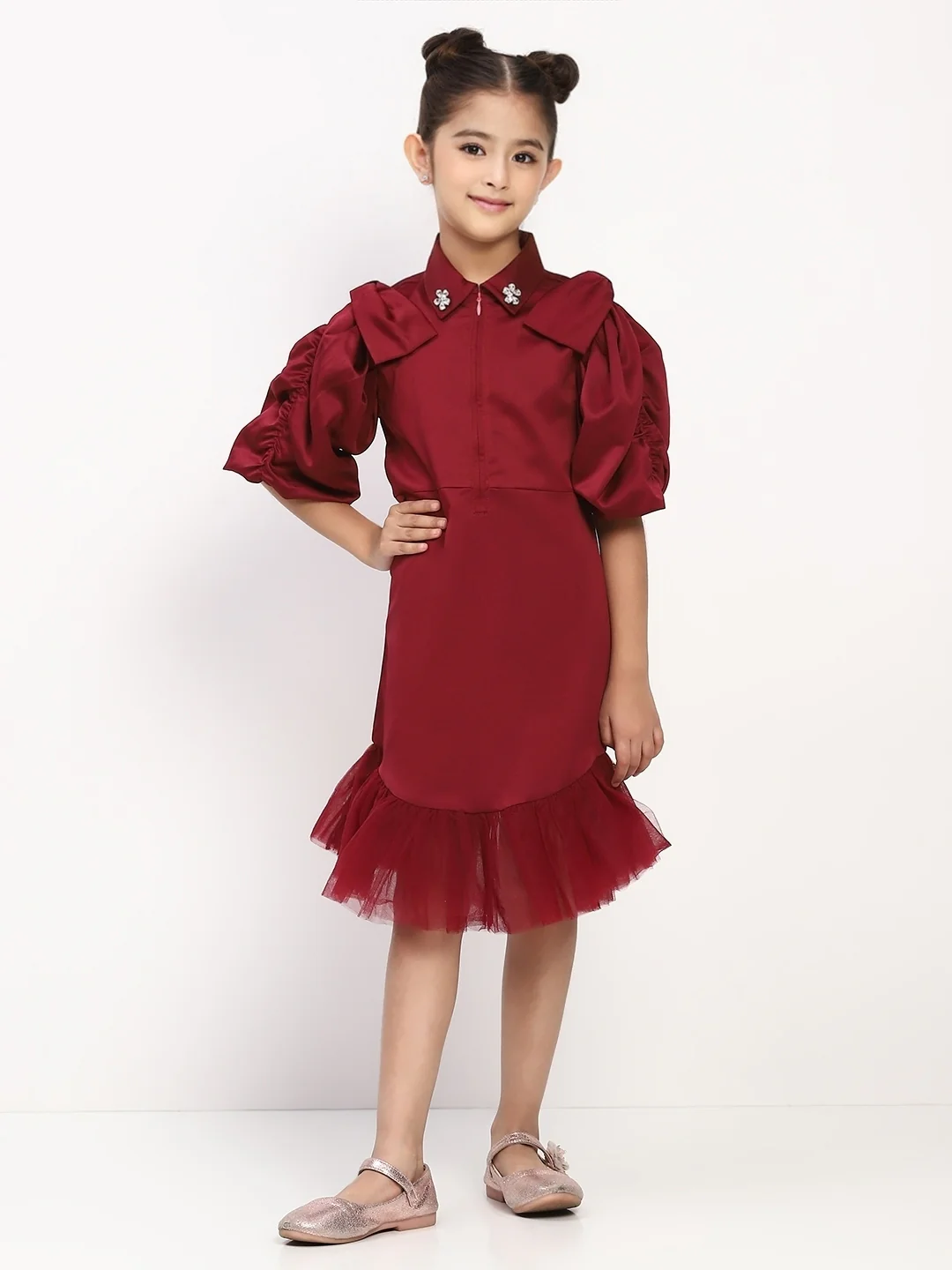 Girl's Maroon Collared Pleated Tulle Cap Sleeve Dress