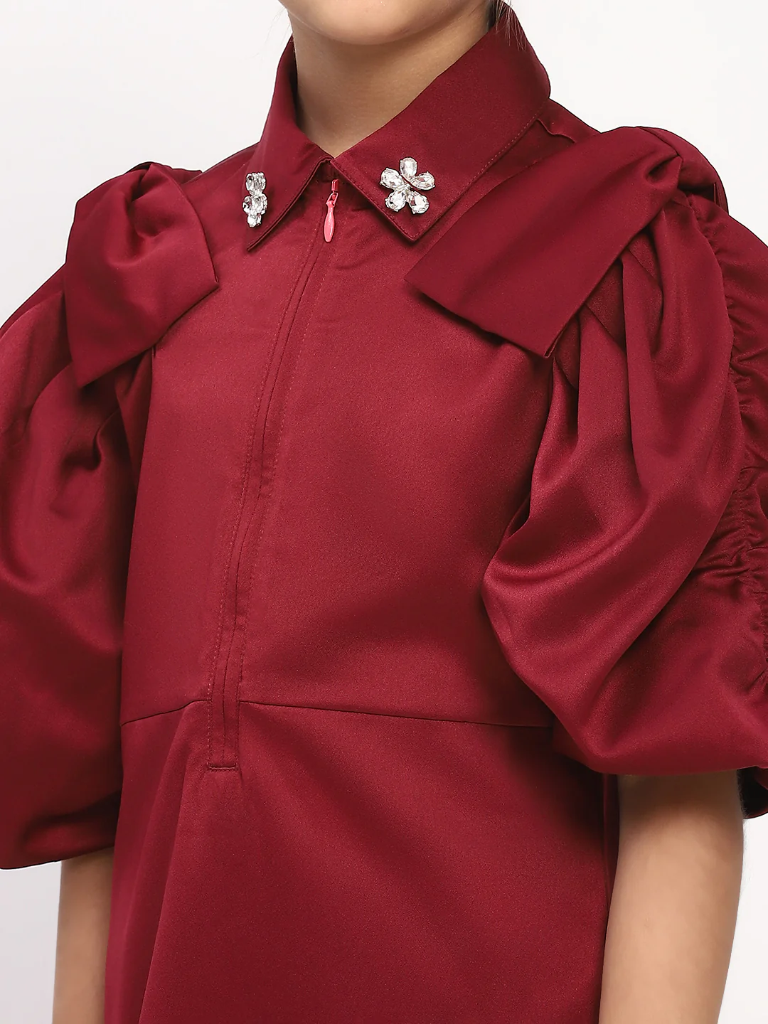 Girl's Maroon Collared Pleated Tulle Cap Sleeve Dress - Image 2