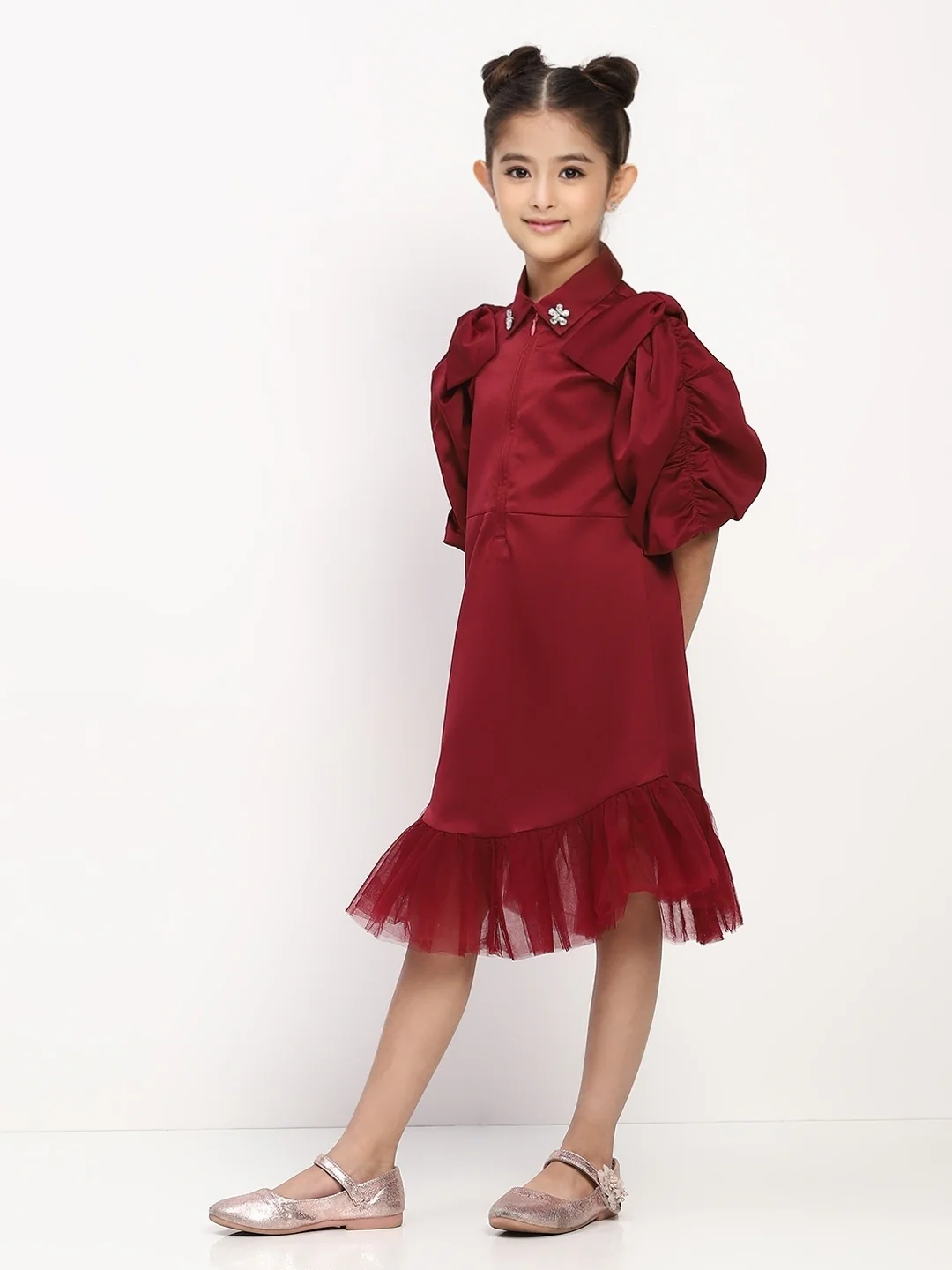 Girl's Maroon Collared Pleated Tulle Cap Sleeve Dress - Image 3