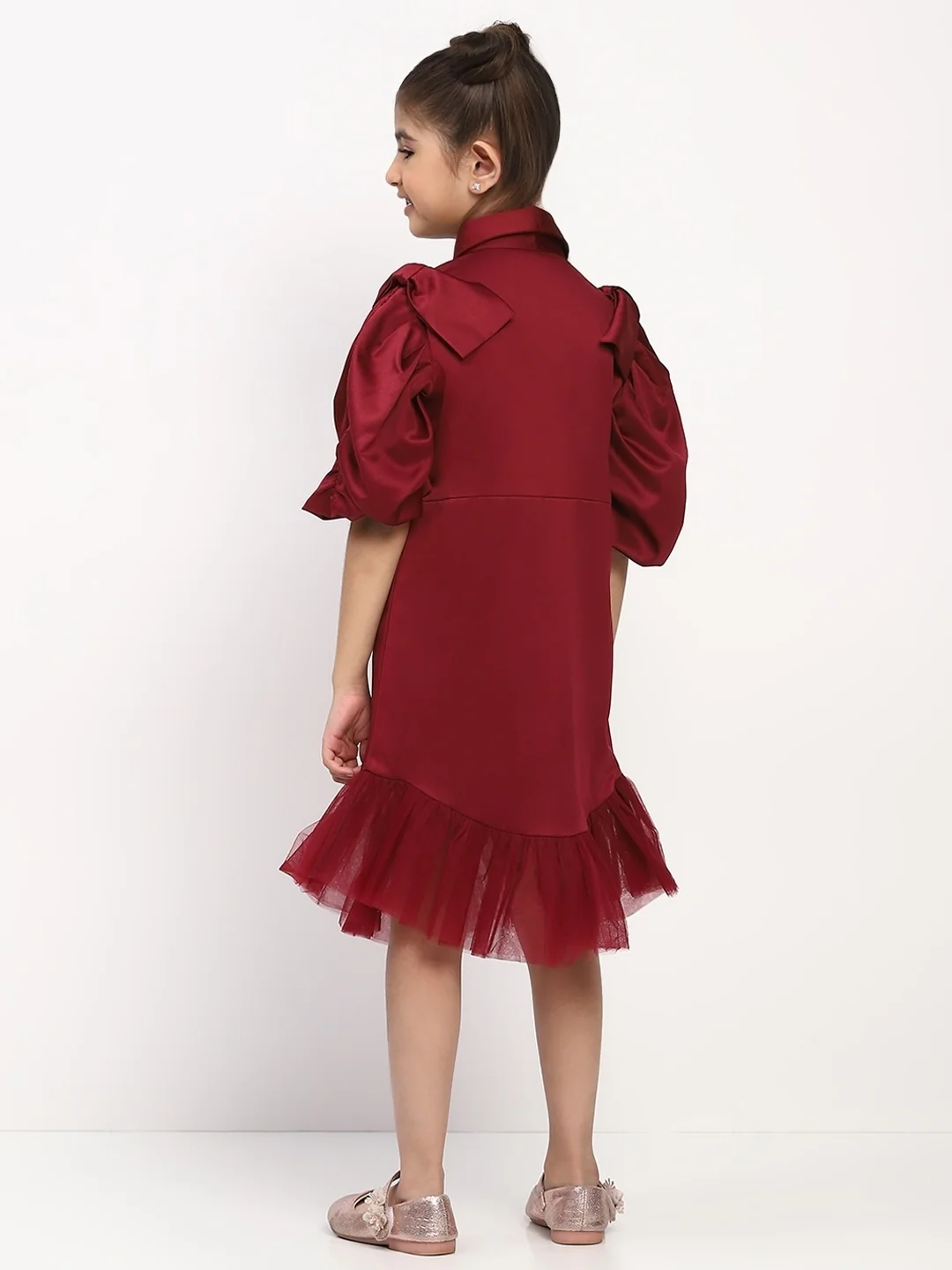 Girl's Maroon Collared Pleated Tulle Cap Sleeve Dress - Image 4