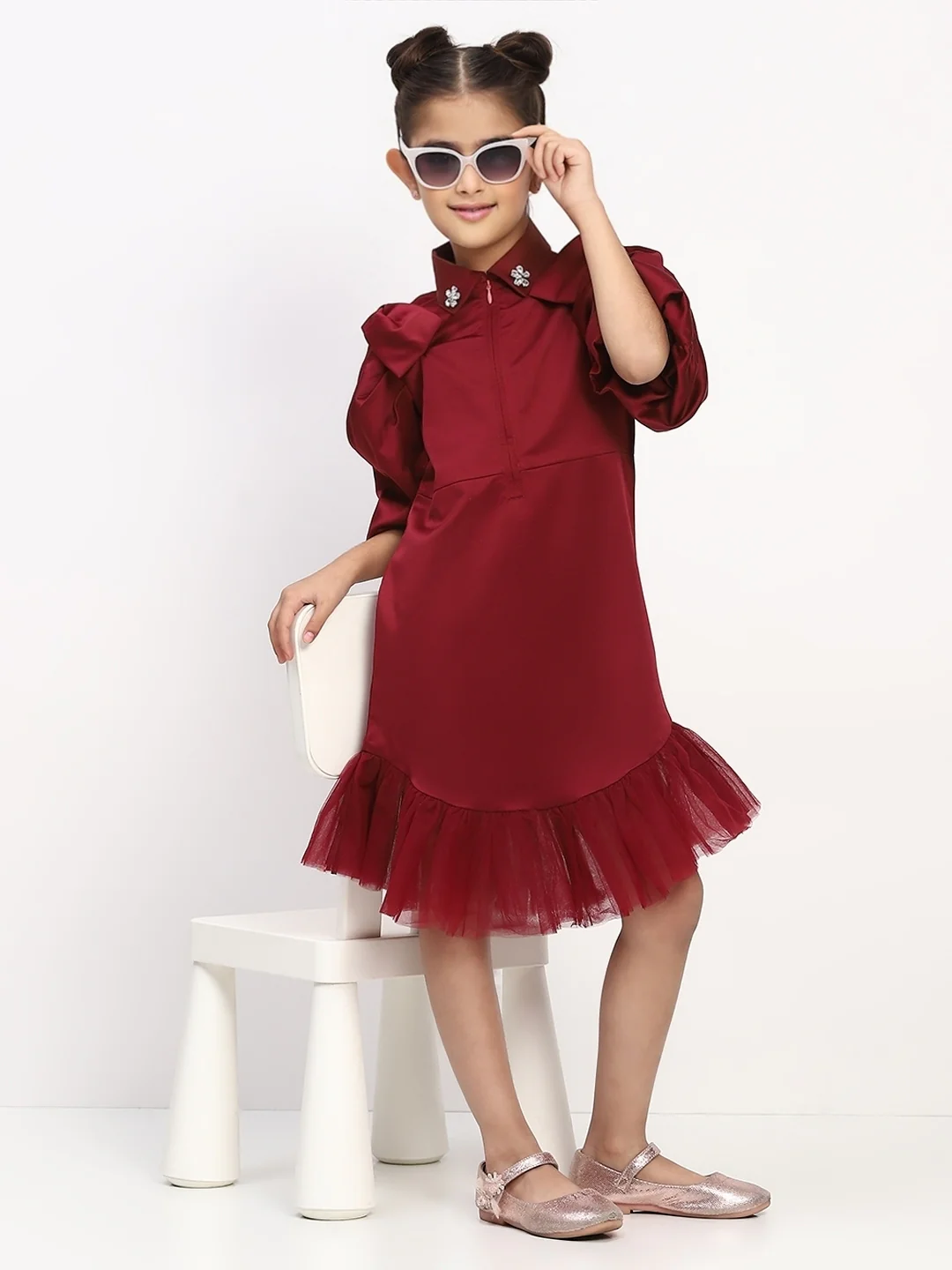 Girl's Maroon Collared Pleated Tulle Cap Sleeve Dress - Image 5