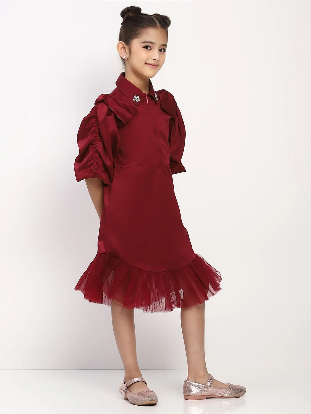 Girl's Maroon Collared Pleated Tulle Cap Sleeve Dress - Image 6