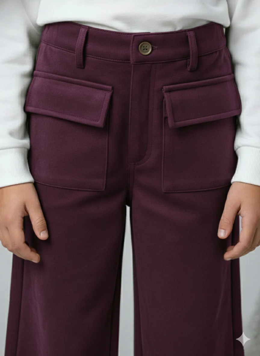 Girls Maroon Suede Solid Wide-Leg Trousers - Image 2