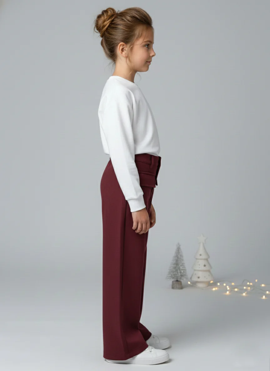 Girls Maroon Suede Solid Wide-Leg Trousers - Image 3