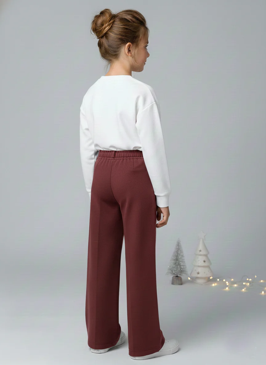 Girls Maroon Suede Solid Wide-Leg Trousers - Image 4