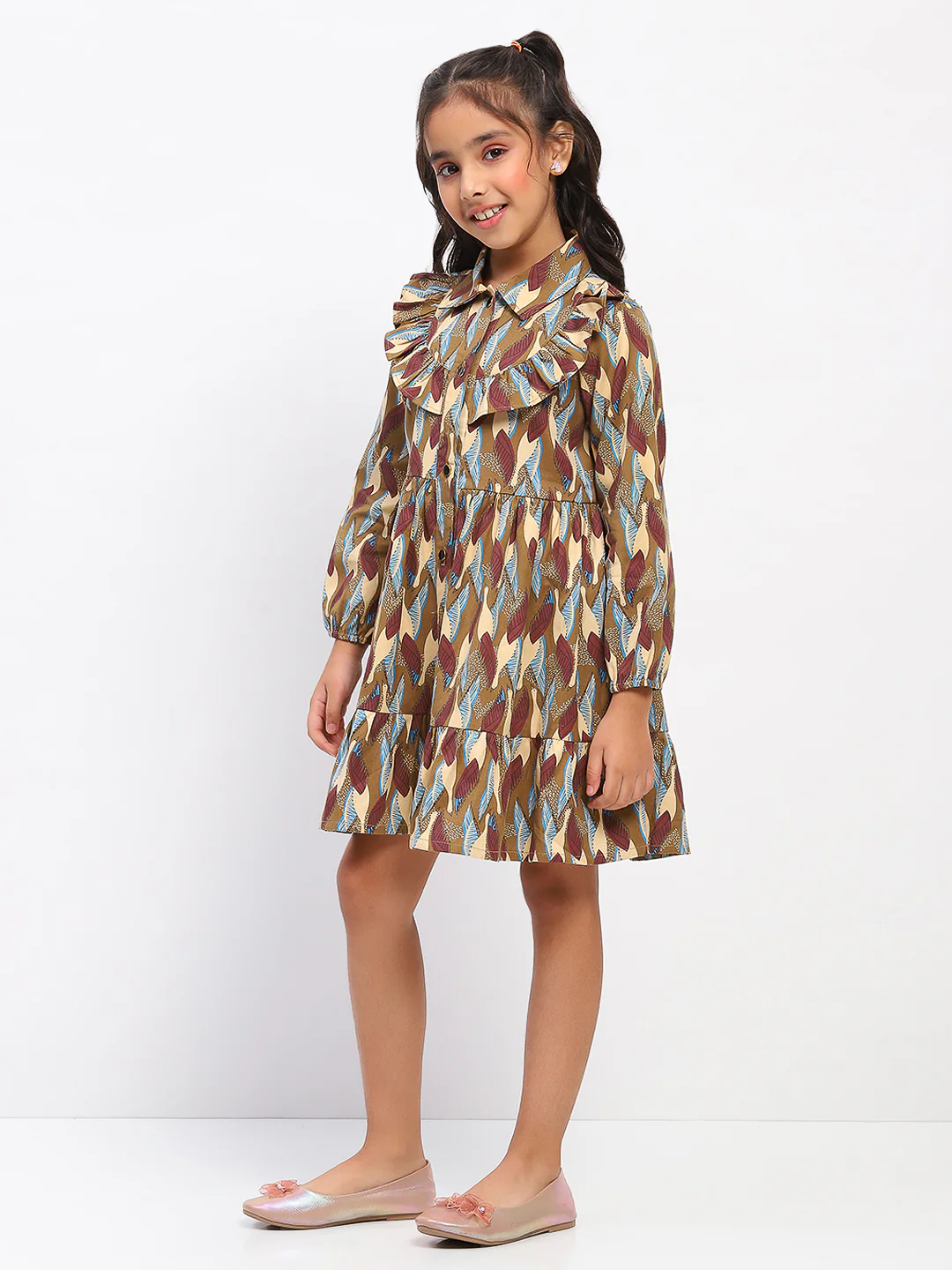 Girls Brown Abstract Print Fit and Flare Dress - Image 2