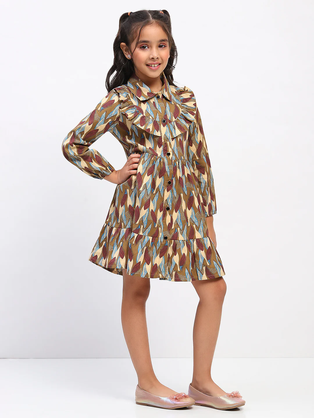 Girls Brown Abstract Print Fit and Flare Dress - Image 3