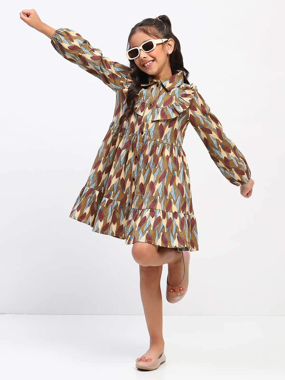 Girls Brown Abstract Print Fit and Flare Dress - Image 5