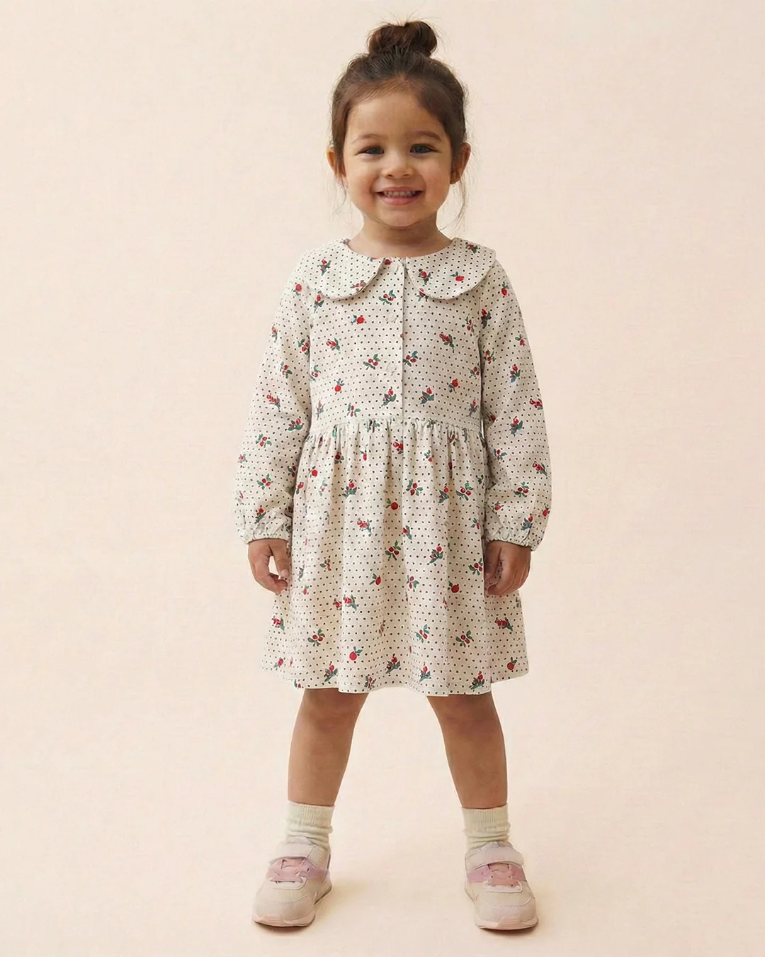 Girls White Collar Neck Corduroy Floral Print Dress
