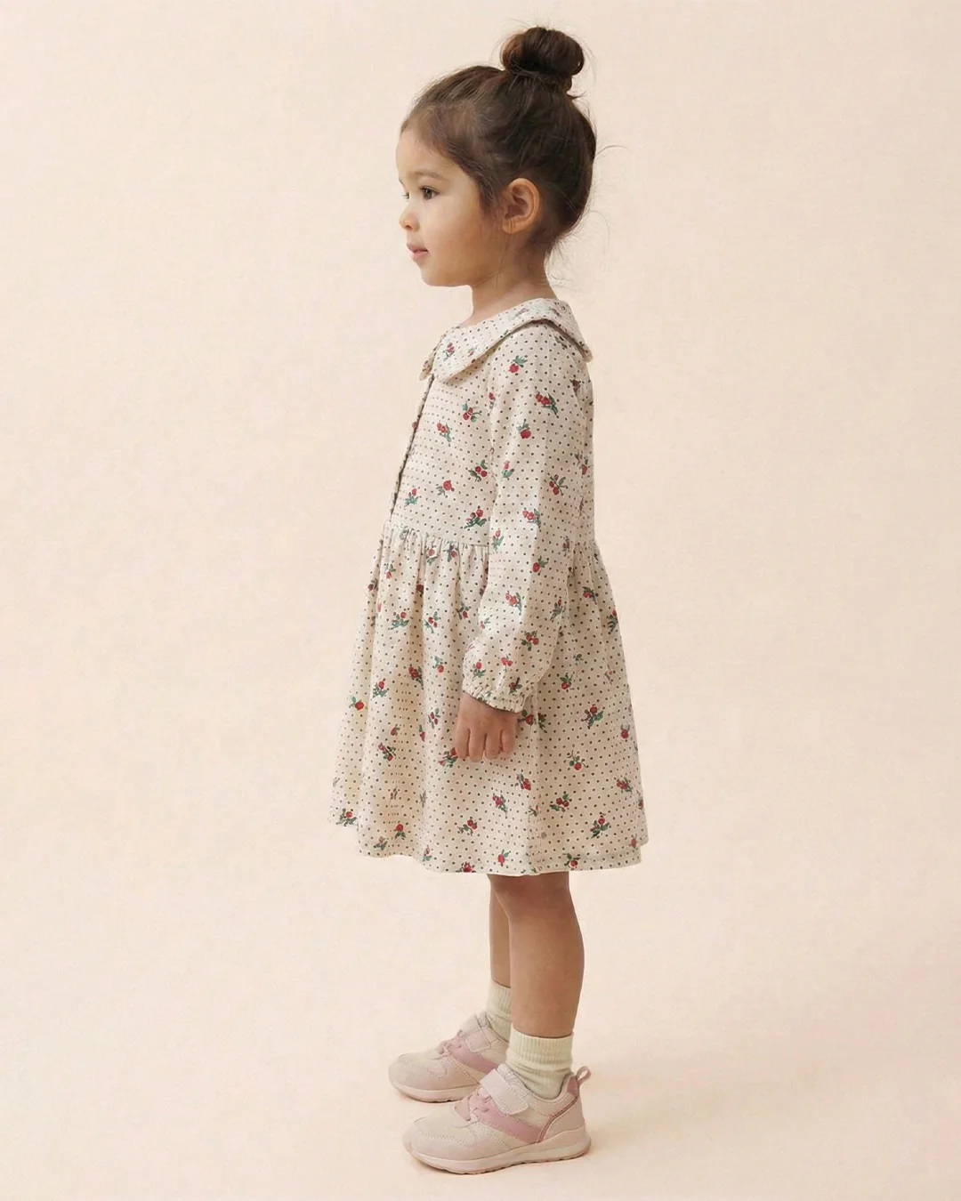 Girls White Collar Neck Corduroy Floral Print Dress - Image 2