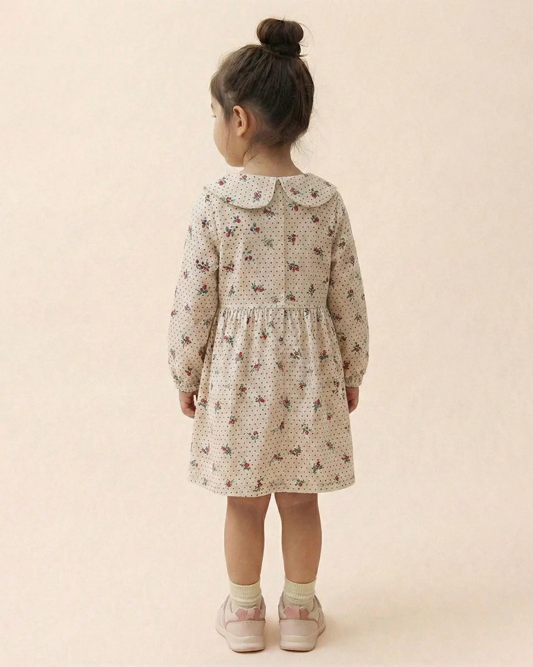 Girls White Collar Neck Corduroy Floral Print Dress - Image 3