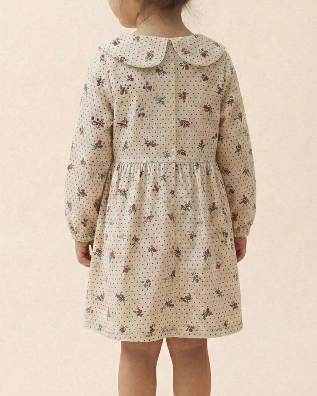 Girls White Collar Neck Corduroy Floral Print Dress - Image 4