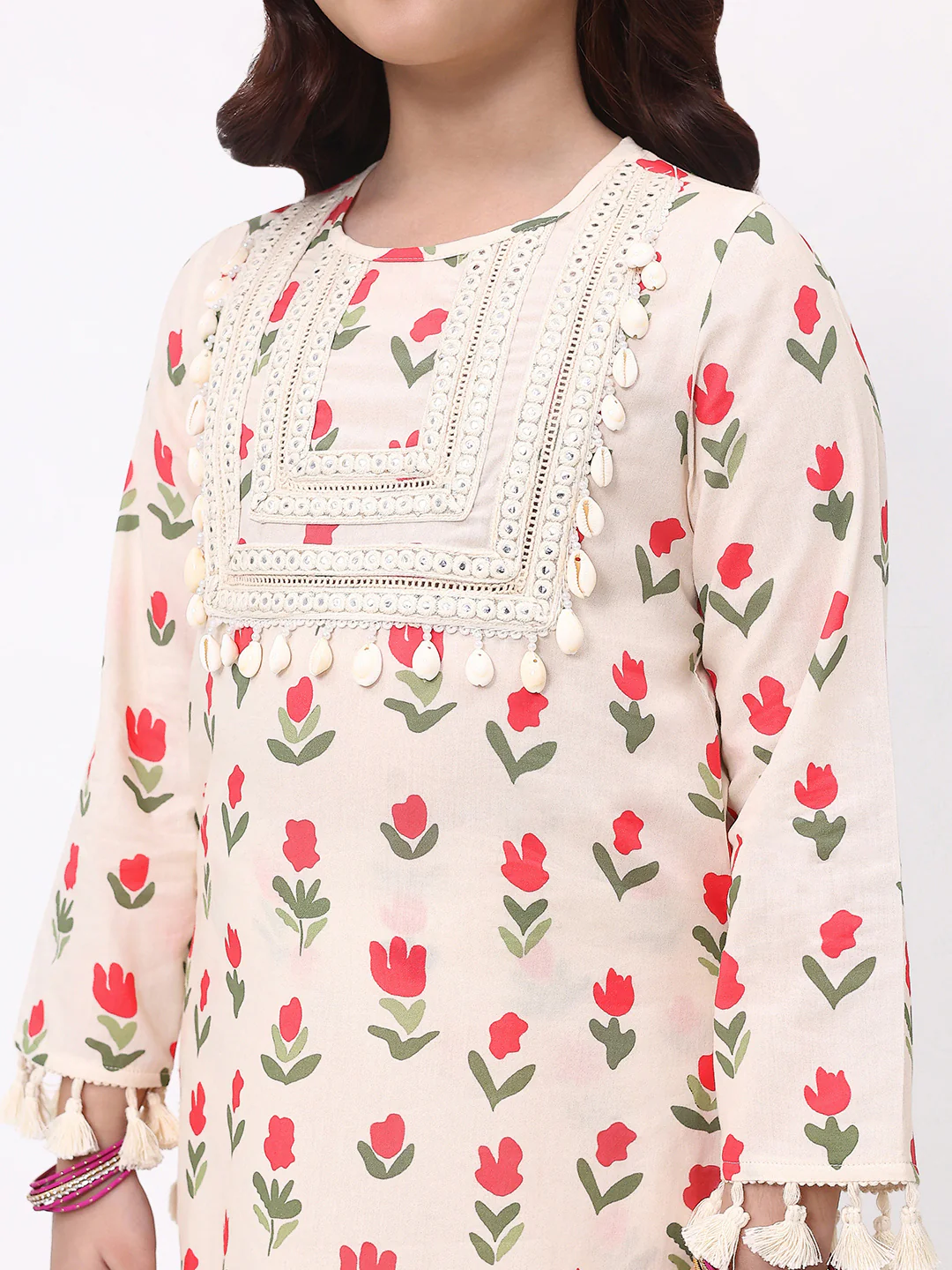 Girls Off white Floral Print Ethnic kurti and sharara Set - Image 5