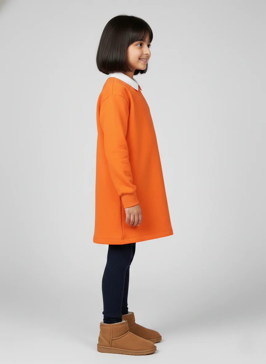 Girls Orange Collar Neck Solid Dress - Image 3