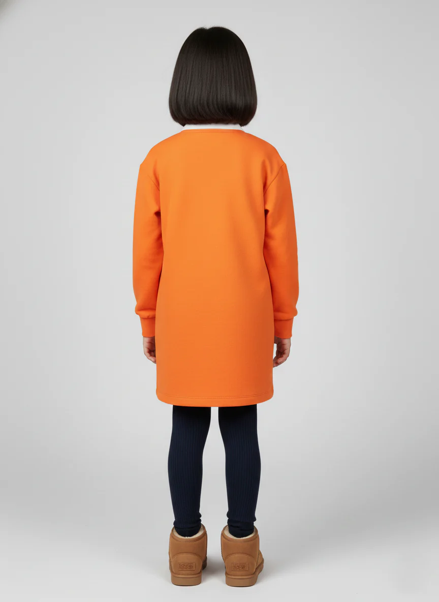 Girls Orange Collar Neck Solid Dress - Image 4
