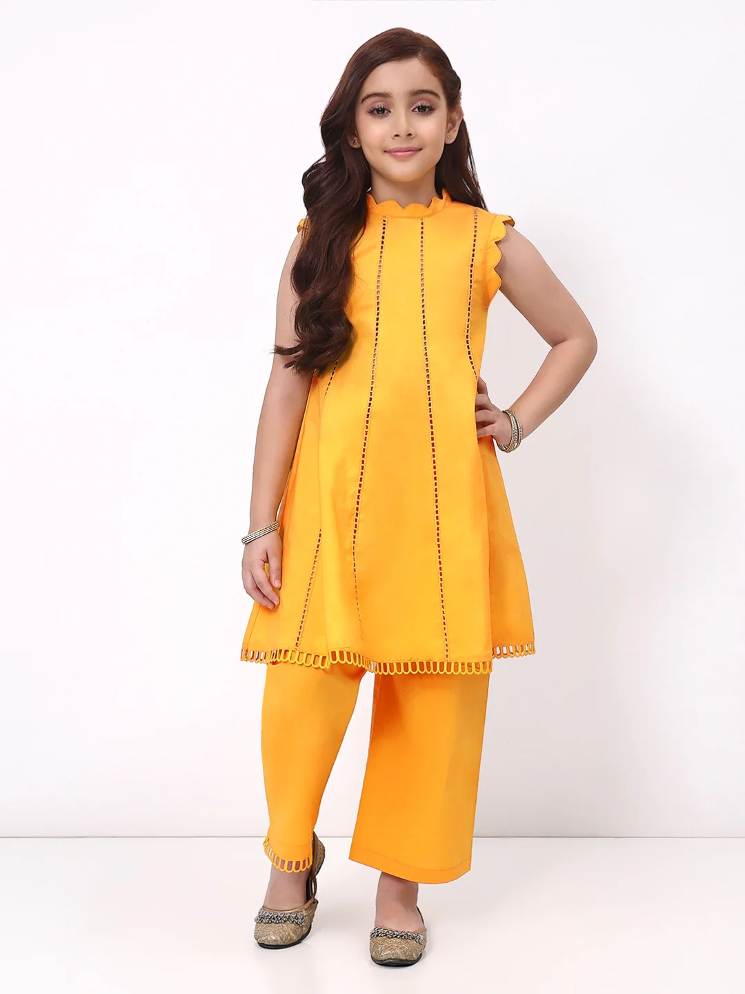 Girls Orange Ethnic Sleeveless Kurta with Palazzo Co-Ord Set