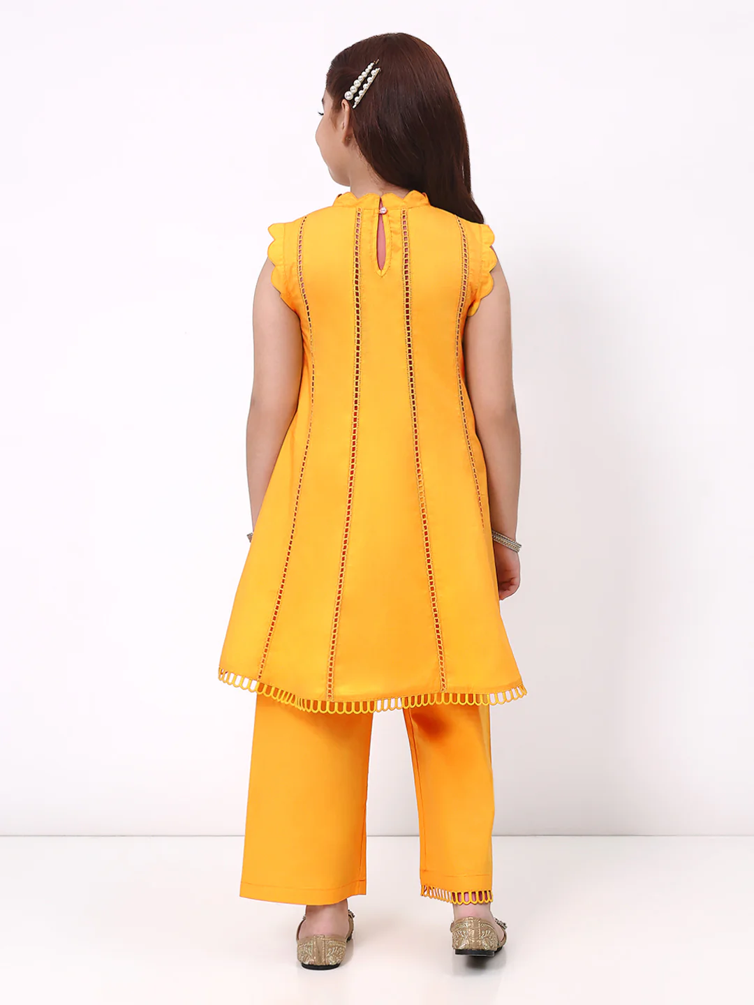 Girls Orange Ethnic Sleeveless Kurta with Palazzo Co-Ord Set - Image 4