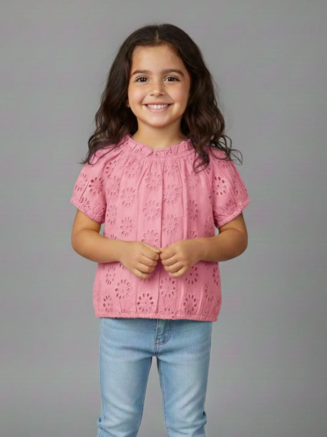 Girls Pink Round Neck Schiffli Top