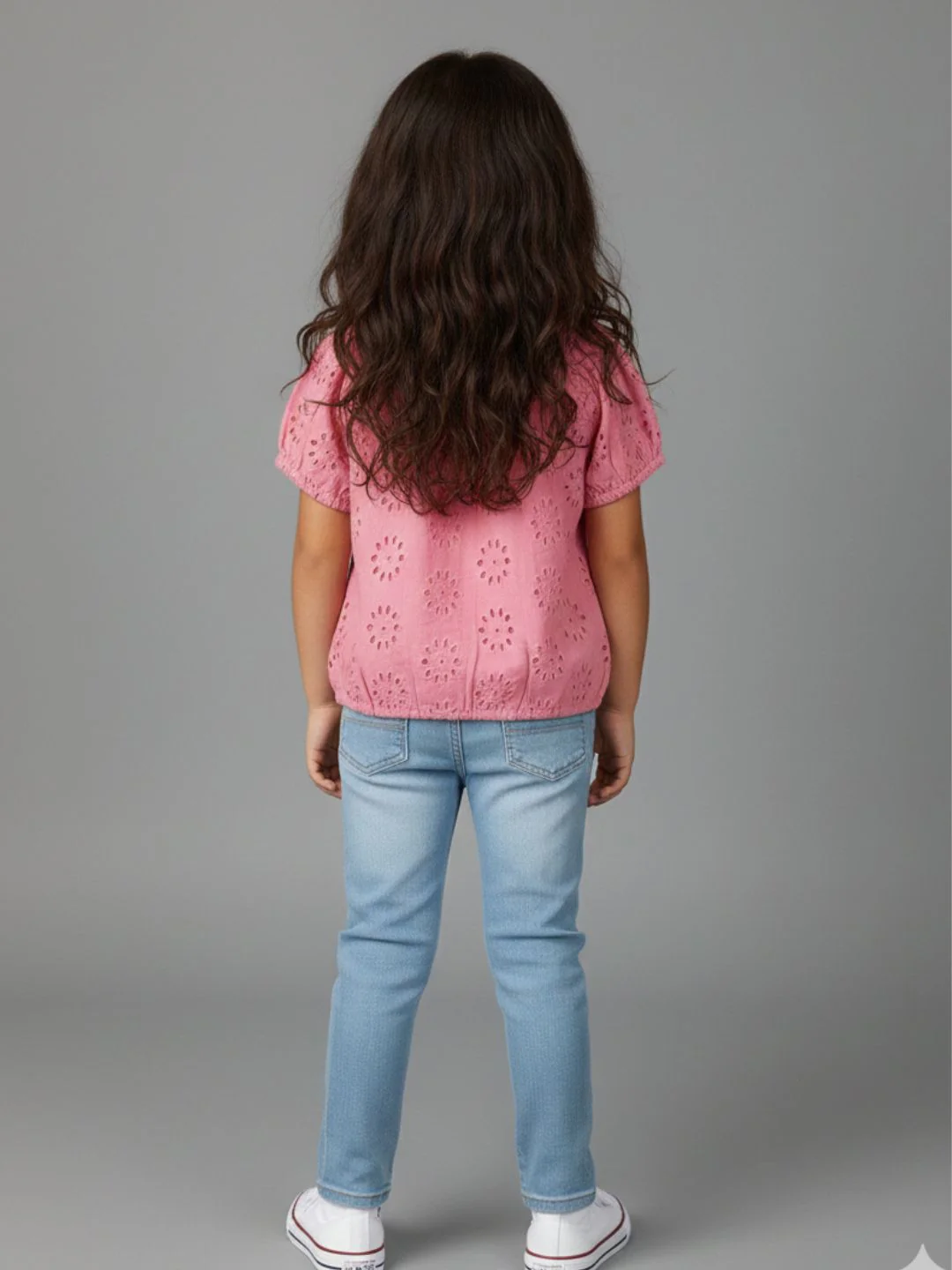 Girls Pink Round Neck Schiffli Top - Image 2