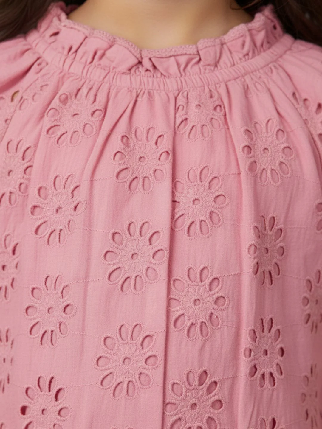 Girls Pink Round Neck Schiffli Top - Image 3