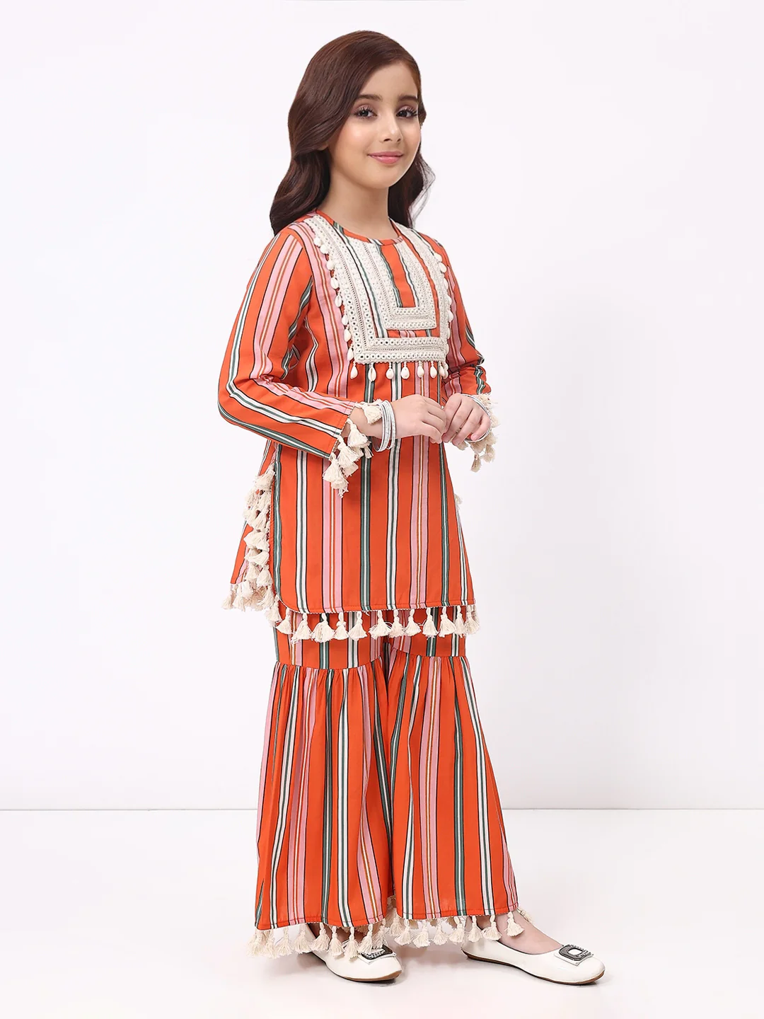 Girls Orange Stripe Ethnic kurti and sharara Set - Image 3